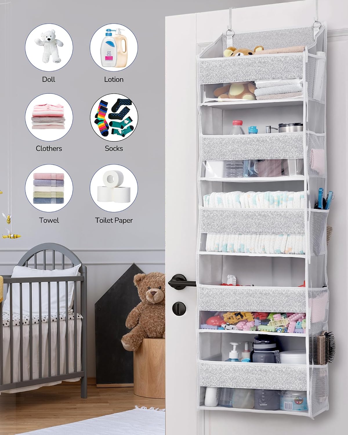 Over Door Organizer with 5 Large Pockets 10 Mesh Side Pockets, Upgraded Linen Texture Over The Door Storage, 44 lbs Weight Capacity Hanging Storage Organizer, Light Gray