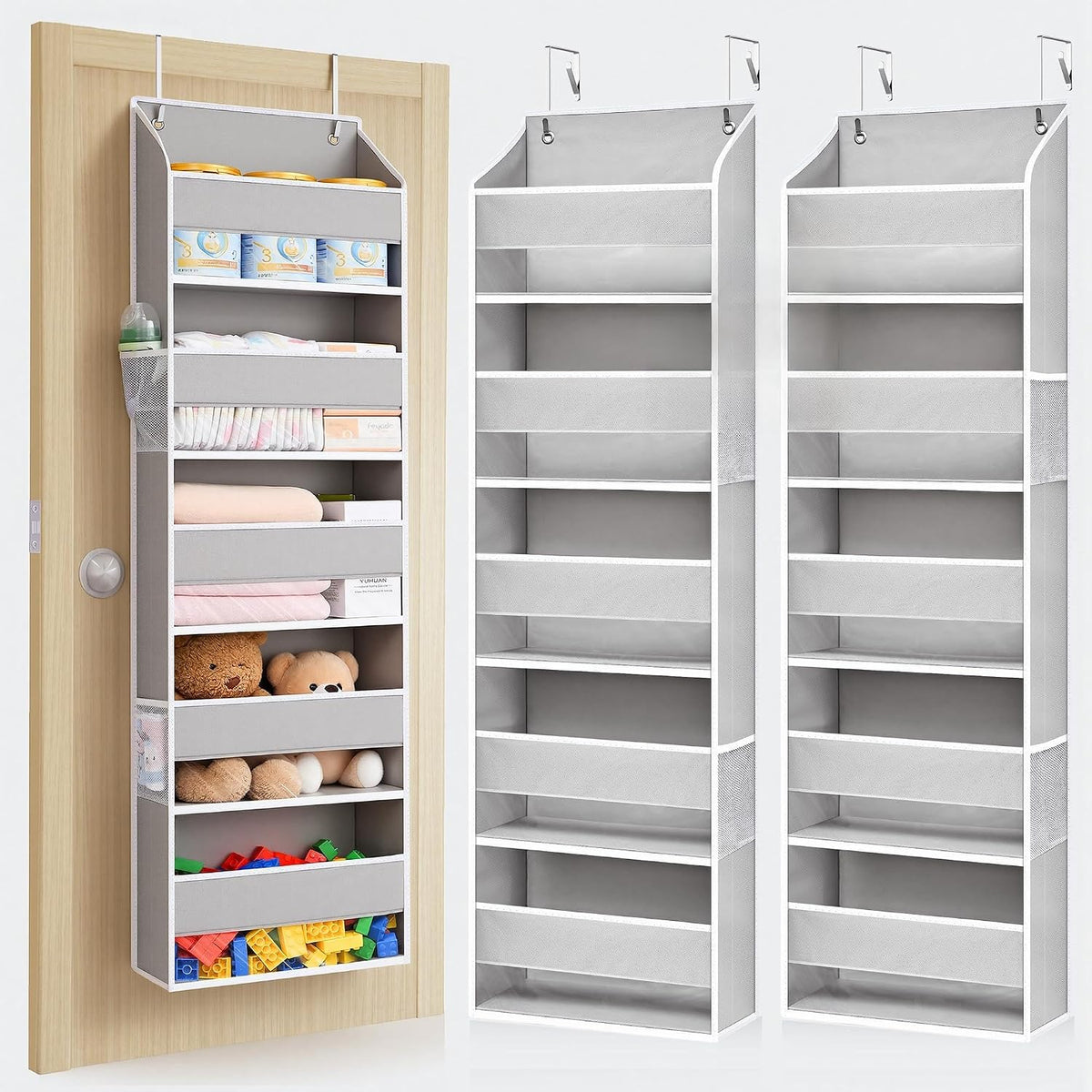Over Door Organizer with 5 Large Pockets 10 Mesh Side Pockets, Upgraded Linen Texture Over The Door Storage, 44 lbs Weight Capacity Hanging Storage Organizer, Light Gray