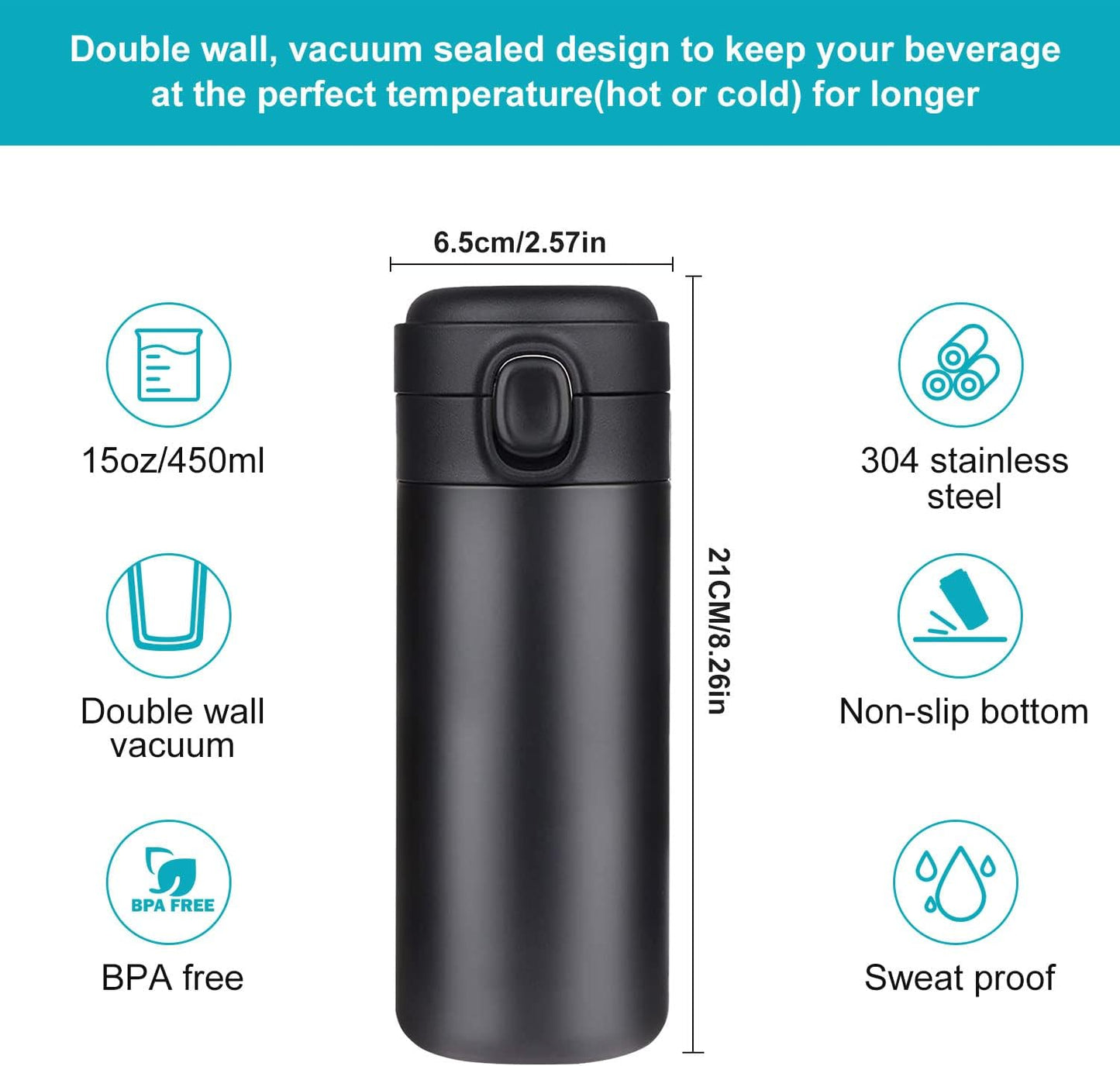 Insulated Travel Water Bottle Metal Coffee Cup Mug Stainless Steel Reusable Flask Tumbler for Men Women Gym Hiking Sports (Blue, 15 Oz)