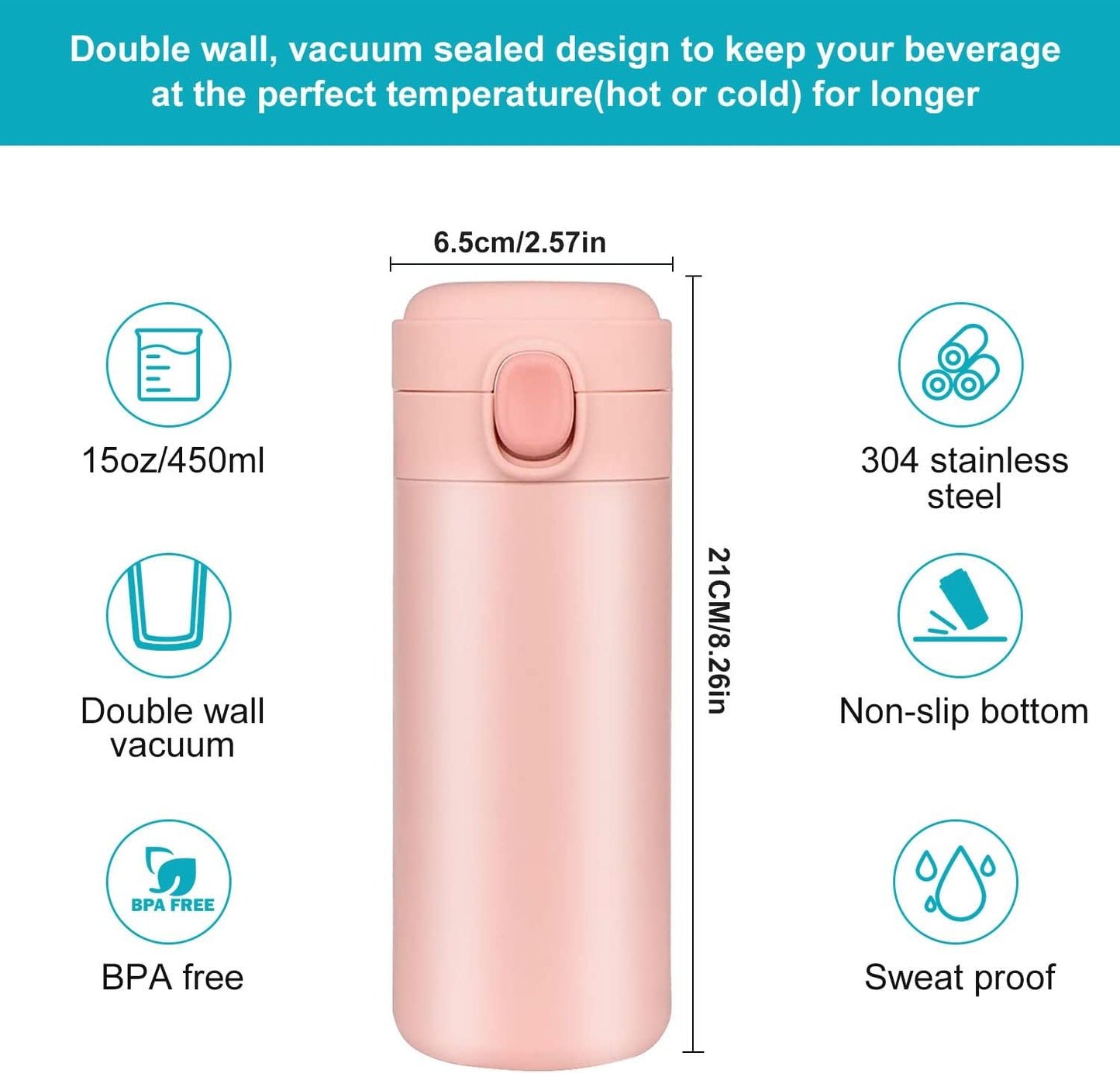 Insulated Travel Water Bottle Metal Coffee Cup Mug Stainless Steel Reusable Flask Tumbler for Men Women Gym Hiking Sports (Blue, 15 Oz)
