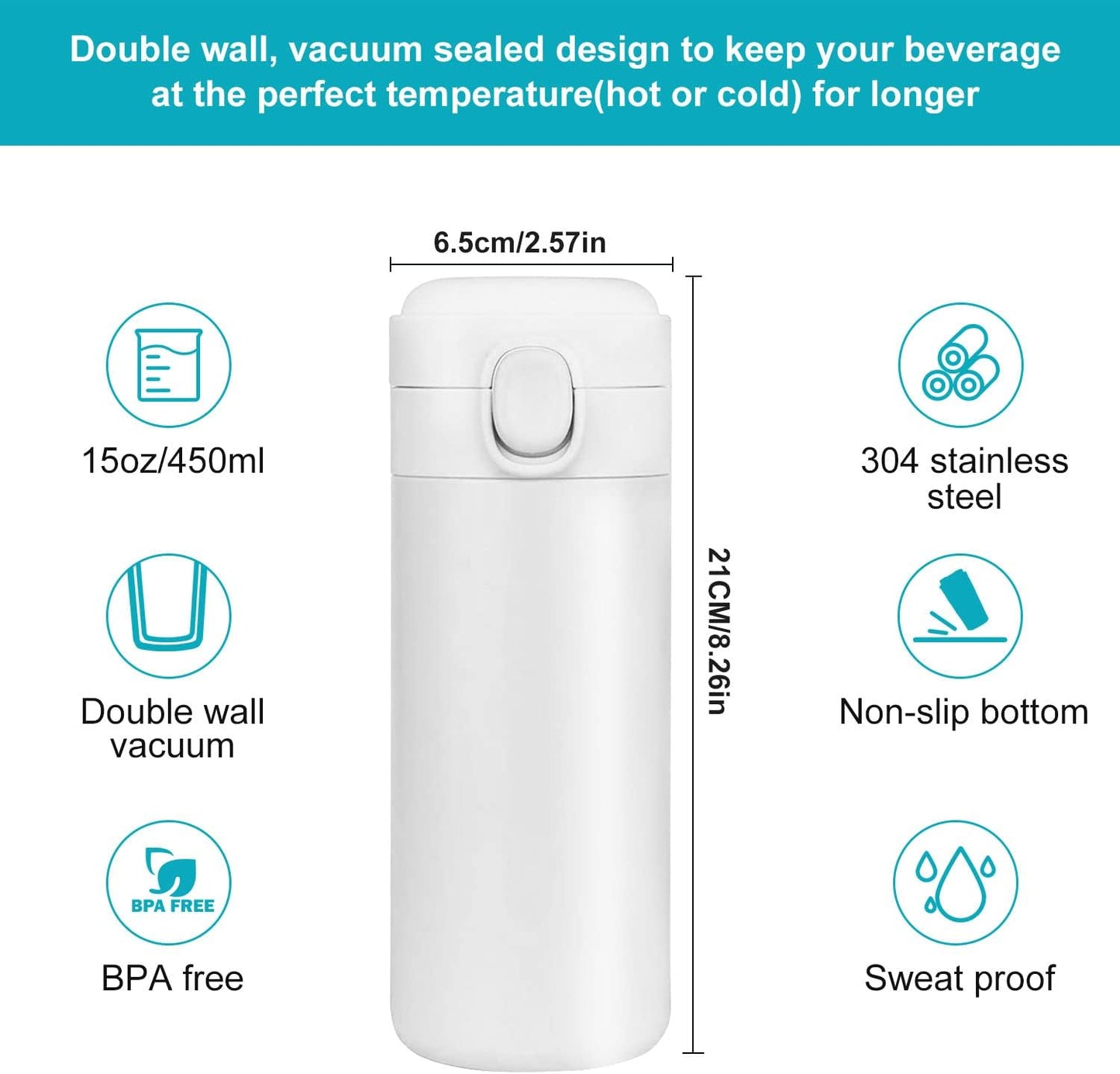 Insulated Travel Water Bottle Metal Coffee Cup Mug Stainless Steel Reusable Flask Tumbler for Men Women Gym Hiking Sports (Blue, 15 Oz)