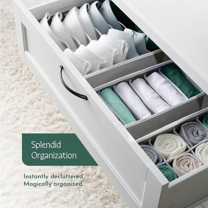 Dresser Organizer, [4 Pk] Grey Fabric Dresser Drawer Organizers (4 Sizes With 45 Slots) Foldable Underwear Drawer Organizer Breathable Bins for Bra, Lingerie, Socks, Scarves, Belt, Tie, Baby Clothes.