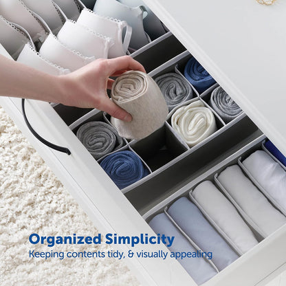 Dresser Organizer, [4 Pk] Grey Fabric Dresser Drawer Organizers (4 Sizes With 45 Slots) Foldable Underwear Drawer Organizer Breathable Bins for Bra, Lingerie, Socks, Scarves, Belt, Tie, Baby Clothes.