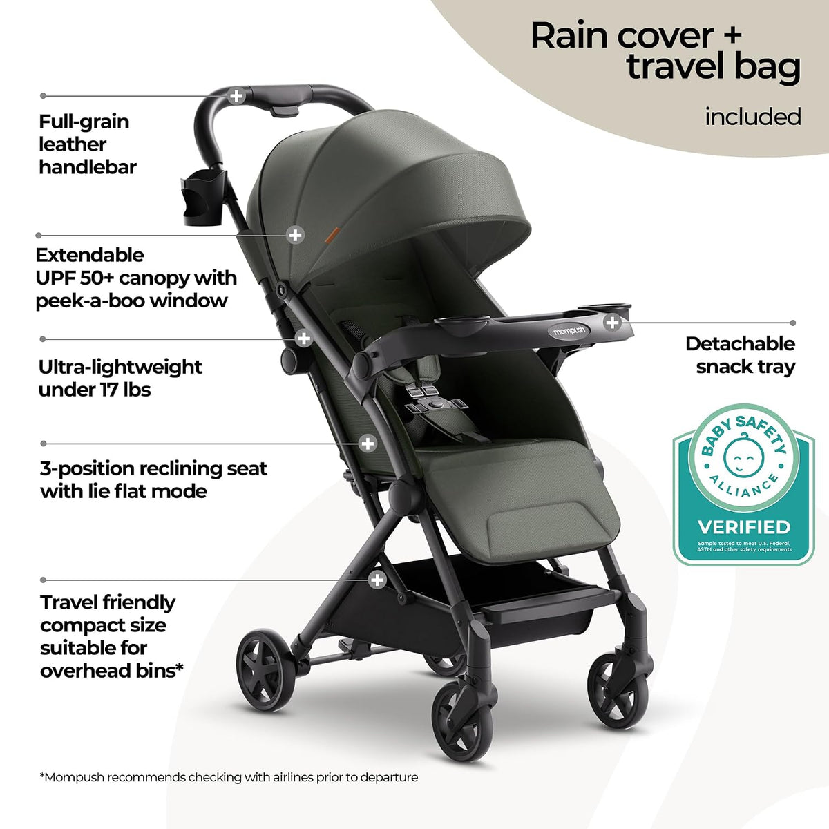 Lithe V2 Lightweight Travel Stroller Snack Tray Included, Forest