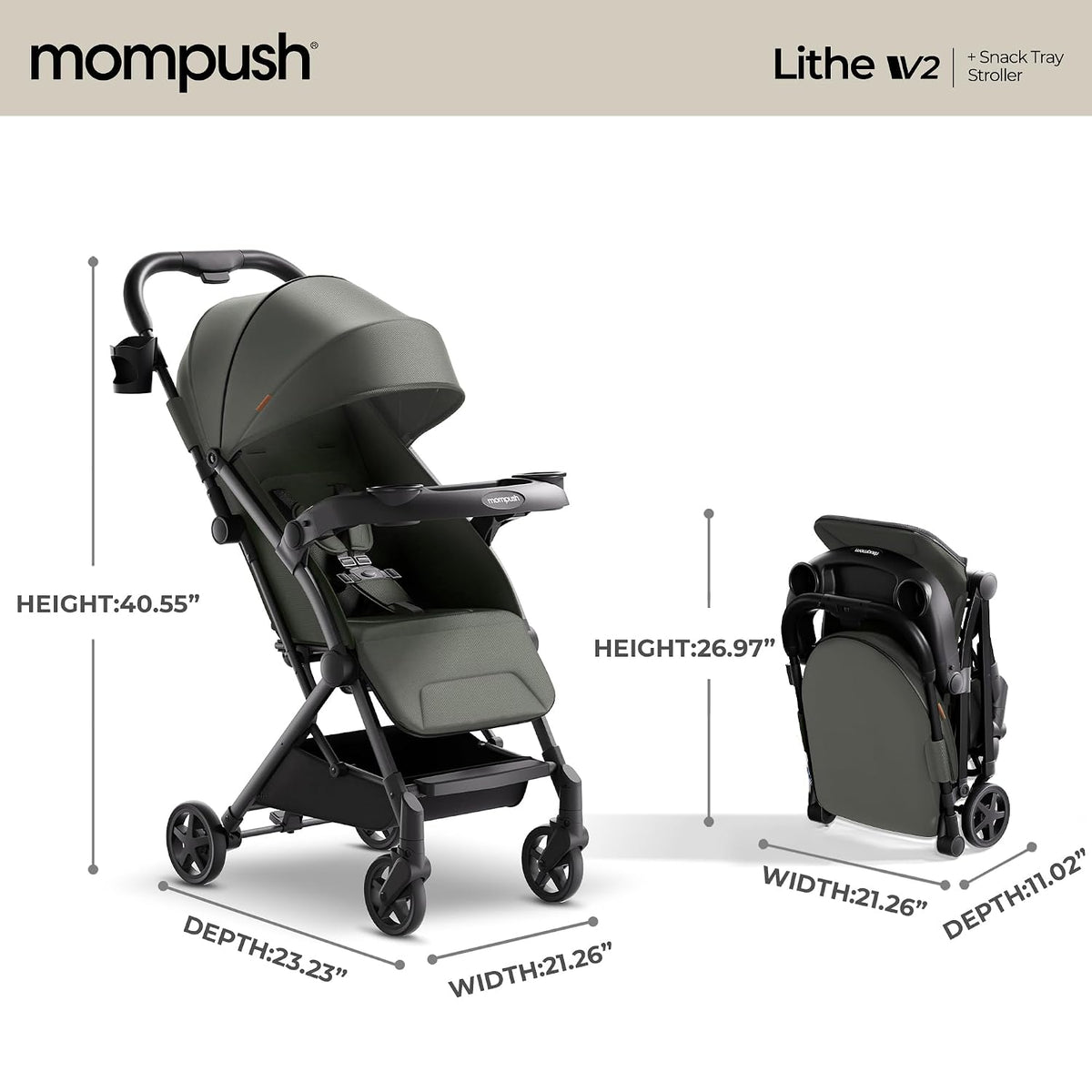 Lithe V2 Lightweight Travel Stroller Snack Tray Included, Forest