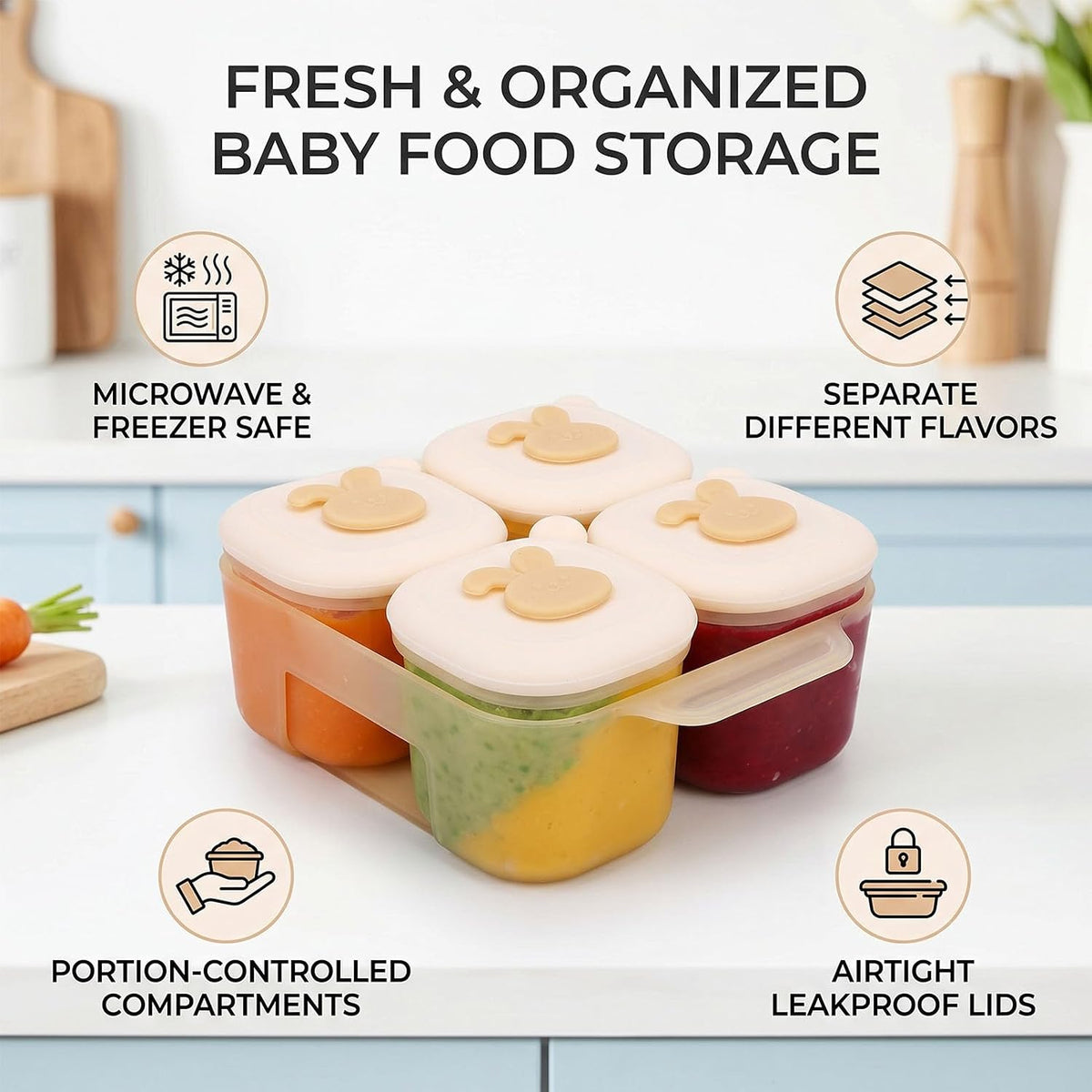 4 Silicone Complementary Food Containers with Lids, for Freezer Soup Meat Puree