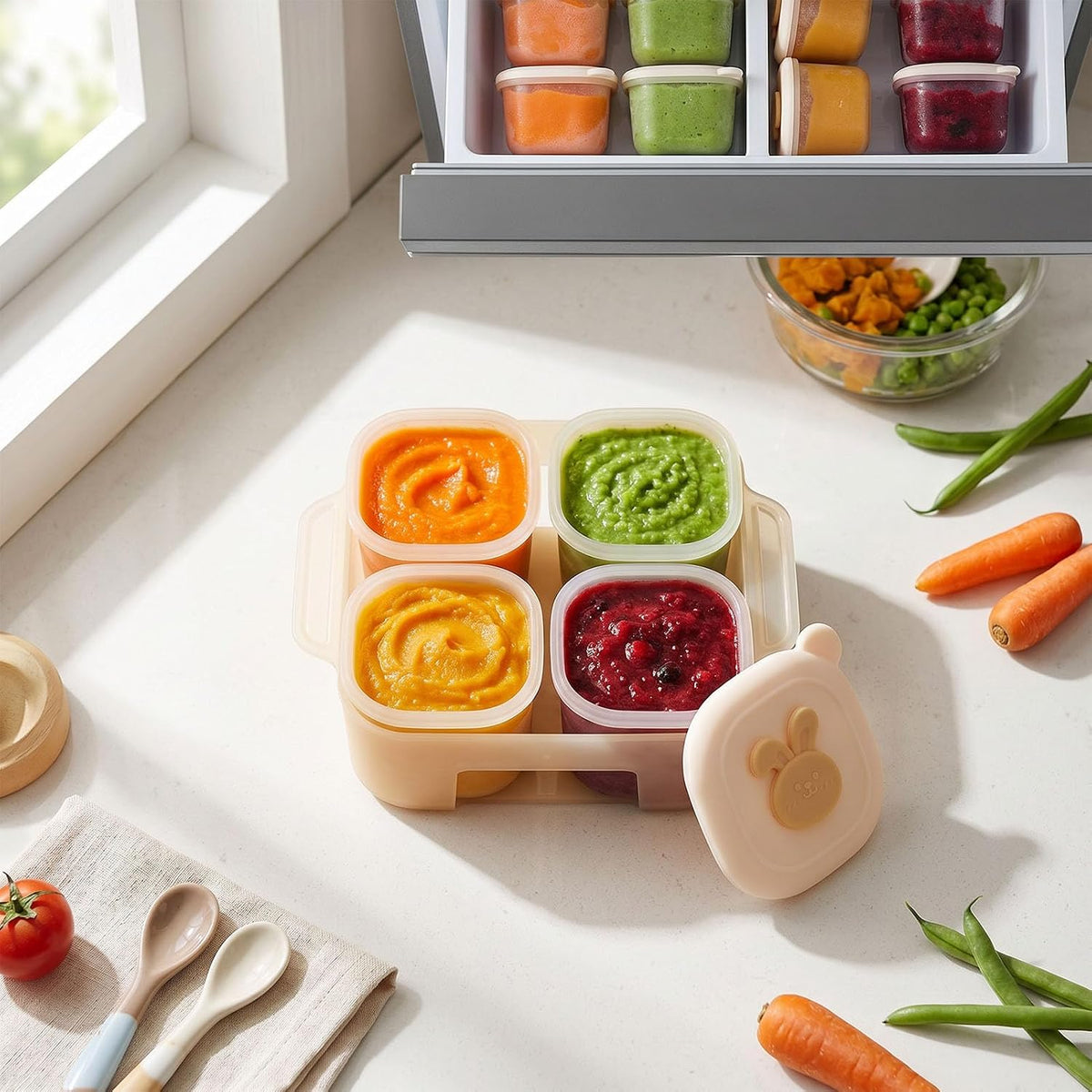 4 Silicone Complementary Food Containers with Lids, for Freezer Soup Meat Puree