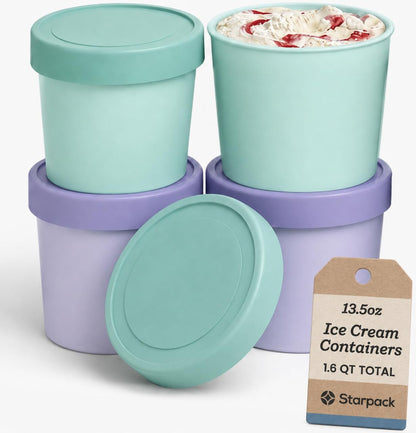 Starpack Freeze The Day Ice Cream Containers for Freezer (13.5oz) - Dessert Single Serve with Silicone Lids - BPA-Free, Airtight, Reusable for Homemade Ice Cream, Sorbet, Total capacity 2.5QT