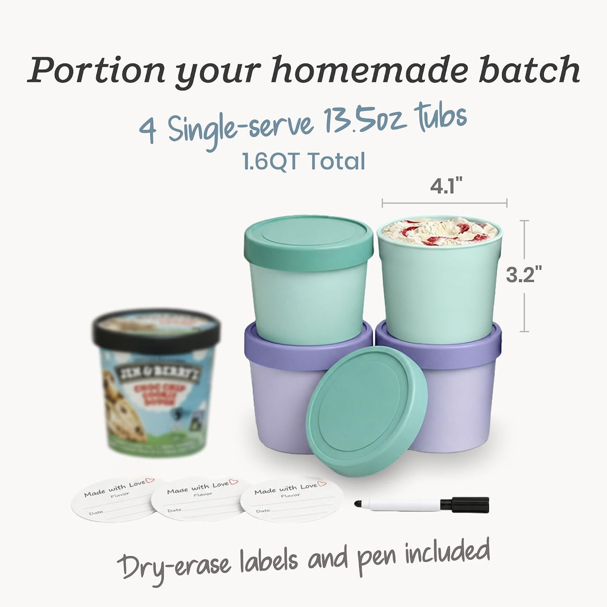 Starpack Freeze The Day Ice Cream Containers for Freezer (13.5oz) - Dessert Single Serve with Silicone Lids - BPA-Free, Airtight, Reusable for Homemade Ice Cream, Sorbet, Total capacity 2.5QT
