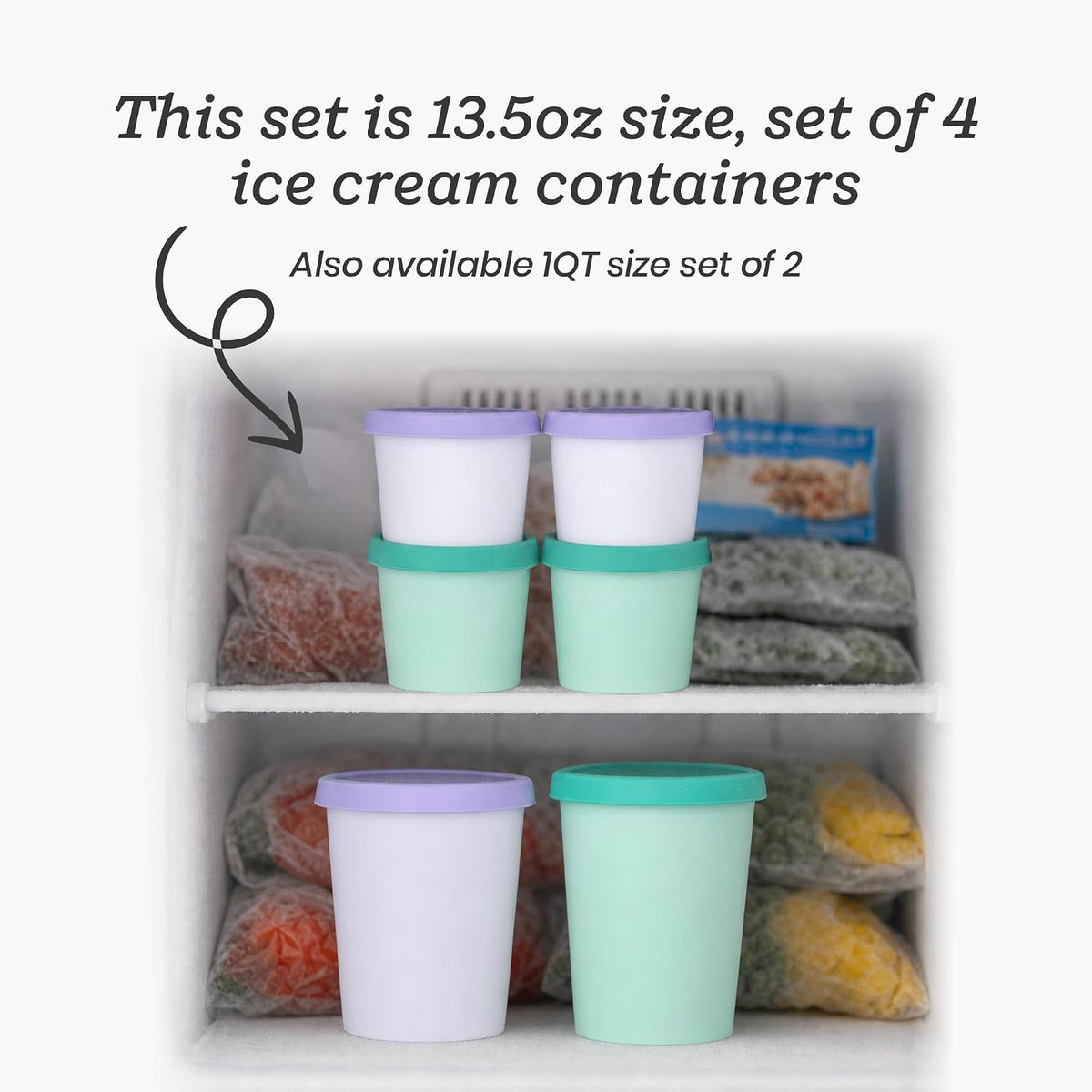 Starpack Freeze The Day Ice Cream Containers for Freezer (13.5oz) - Dessert Single Serve with Silicone Lids - BPA-Free, Airtight, Reusable for Homemade Ice Cream, Sorbet, Total capacity 2.5QT