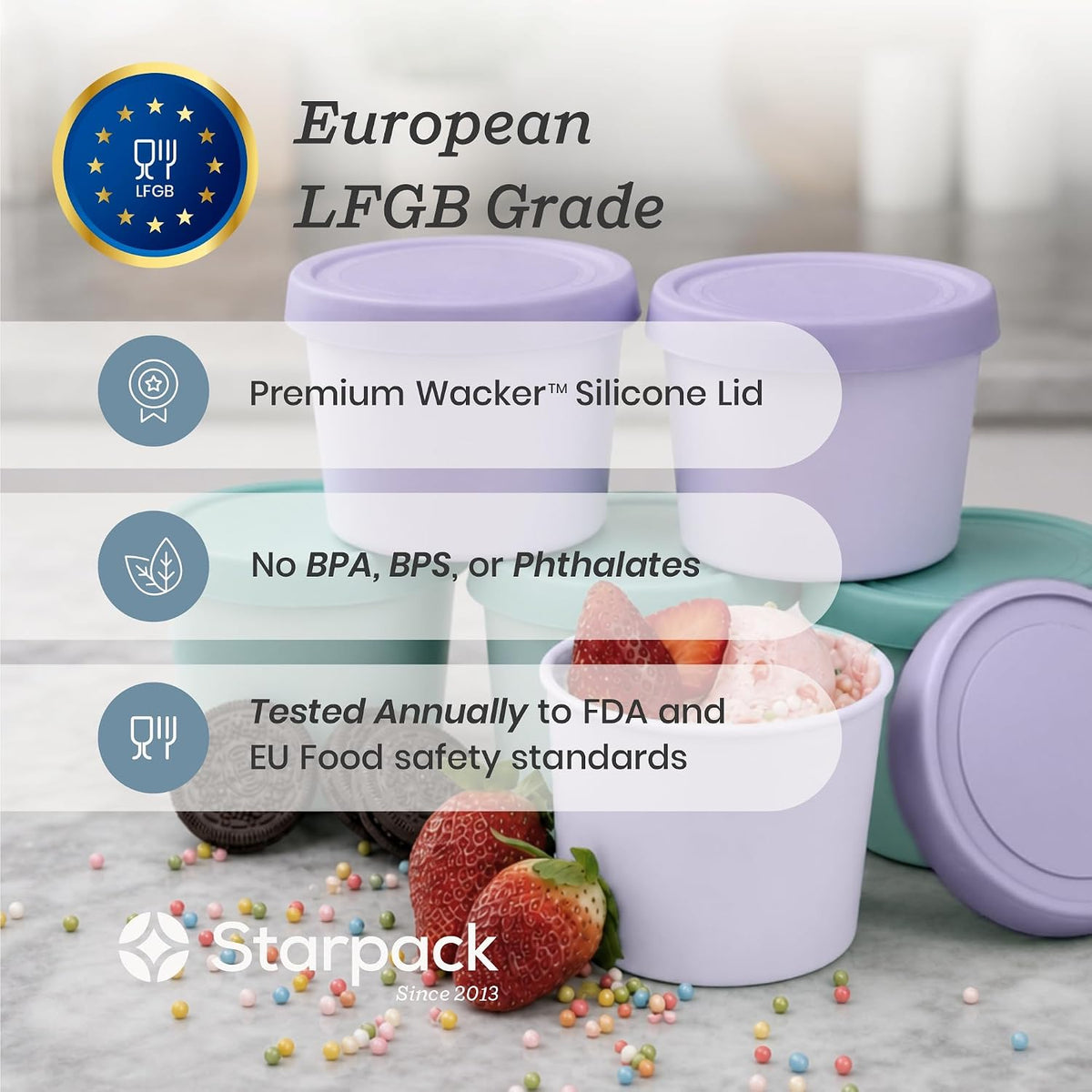 Starpack Freeze The Day Ice Cream Containers for Freezer (13.5oz) - Dessert Single Serve with Silicone Lids - BPA-Free, Airtight, Reusable for Homemade Ice Cream, Sorbet, Total capacity 2.5QT