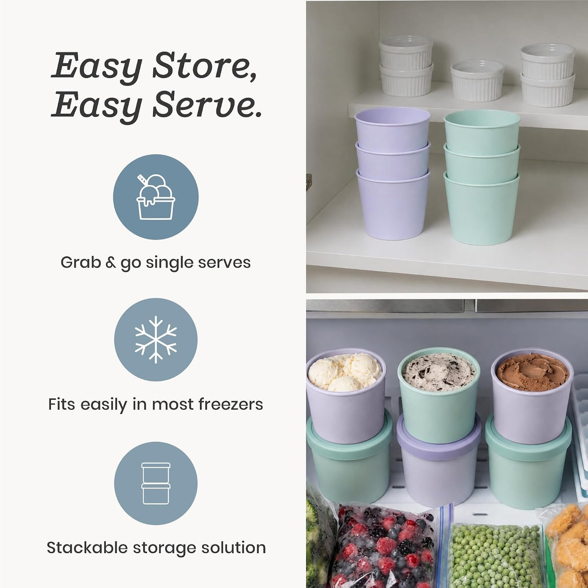 Starpack Freeze The Day Ice Cream Containers for Freezer (13.5oz) - Dessert Single Serve with Silicone Lids - BPA-Free, Airtight, Reusable for Homemade Ice Cream, Sorbet, Total capacity 2.5QT