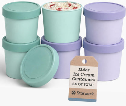 Starpack Freeze The Day Ice Cream Containers for Freezer (13.5oz) - Dessert Single Serve with Silicone Lids - BPA-Free, Airtight, Reusable for Homemade Ice Cream, Sorbet, Total capacity 2.5QT