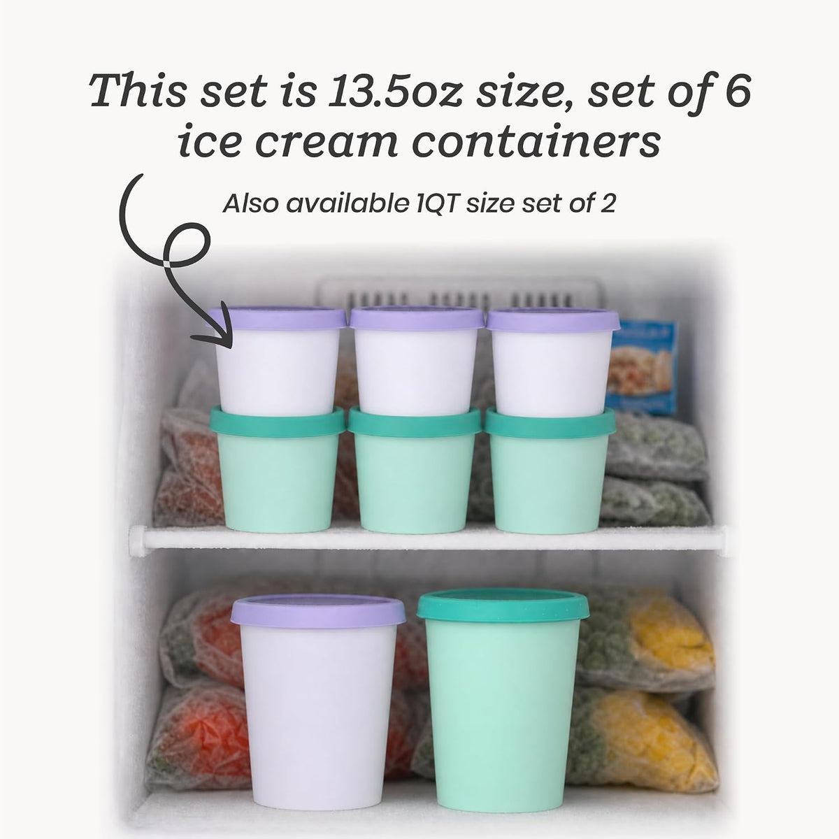 Starpack Freeze The Day Ice Cream Containers for Freezer (13.5oz) - Dessert Single Serve with Silicone Lids - BPA-Free, Airtight, Reusable for Homemade Ice Cream, Sorbet, Total capacity 2.5QT