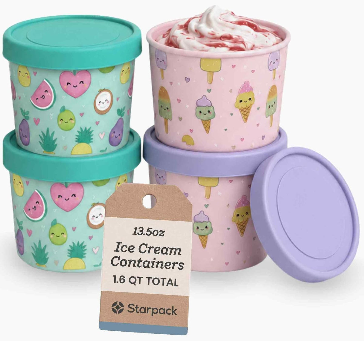 Starpack Freeze The Day Ice Cream Containers for Freezer (13.5oz) - Dessert Single Serve with Silicone Lids - BPA-Free, Airtight, Reusable for Homemade Ice Cream, Sorbet, Total capacity 2.5QT