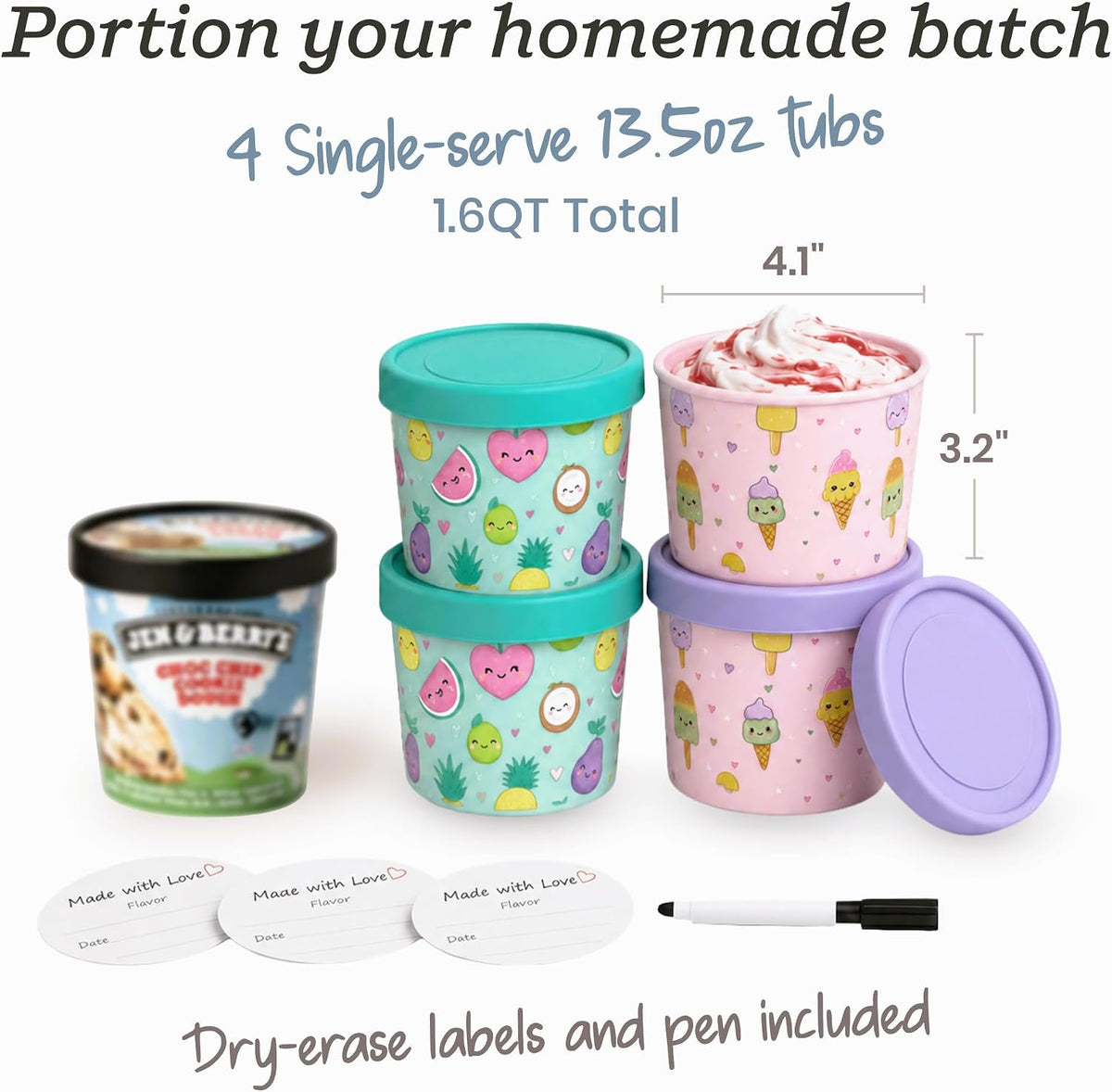 Starpack Freeze The Day Ice Cream Containers for Freezer (13.5oz) - Dessert Single Serve with Silicone Lids - BPA-Free, Airtight, Reusable for Homemade Ice Cream, Sorbet, Total capacity 2.5QT