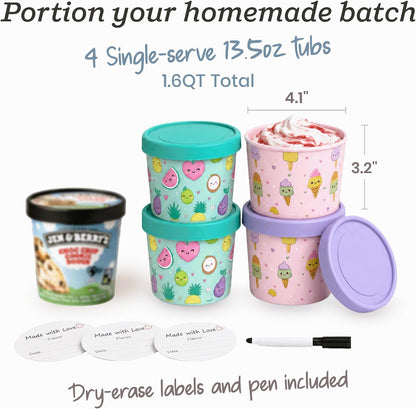 Starpack Freeze The Day Ice Cream Containers for Freezer (13.5oz) - Dessert Single Serve with Silicone Lids - BPA-Free, Airtight, Reusable for Homemade Ice Cream, Sorbet, Total capacity 2.5QT