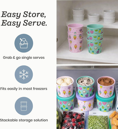Starpack Freeze The Day Ice Cream Containers for Freezer (13.5oz) - Dessert Single Serve with Silicone Lids - BPA-Free, Airtight, Reusable for Homemade Ice Cream, Sorbet, Total capacity 2.5QT