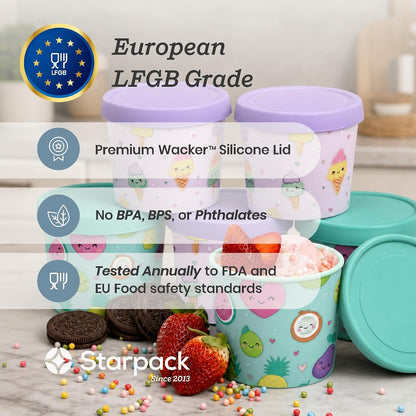 Starpack Freeze The Day Ice Cream Containers for Freezer (13.5oz) - Dessert Single Serve with Silicone Lids - BPA-Free, Airtight, Reusable for Homemade Ice Cream, Sorbet, Total capacity 2.5QT