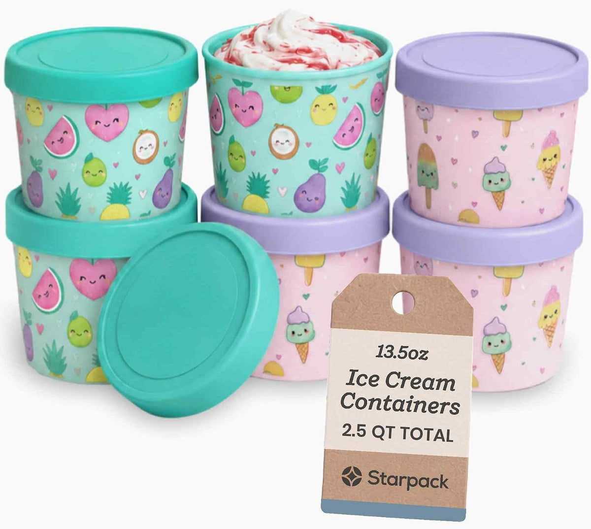 Starpack Freeze The Day Ice Cream Containers for Freezer (13.5oz) - Dessert Single Serve with Silicone Lids - BPA-Free, Airtight, Reusable for Homemade Ice Cream, Sorbet, Total capacity 2.5QT