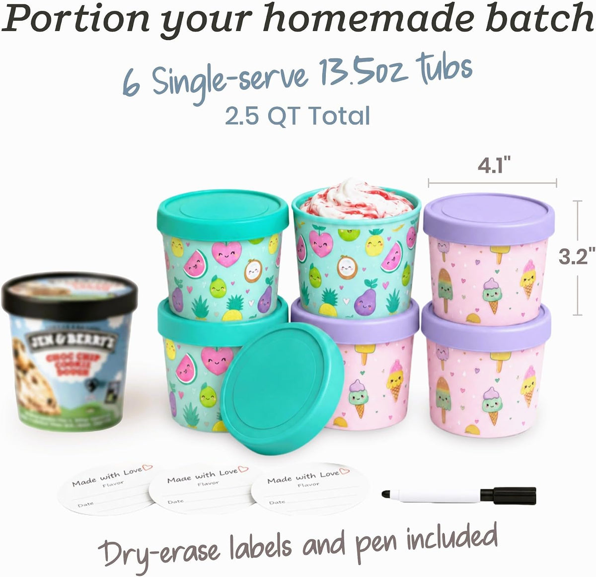 Starpack Freeze The Day Ice Cream Containers for Freezer (13.5oz) - Dessert Single Serve with Silicone Lids - BPA-Free, Airtight, Reusable for Homemade Ice Cream, Sorbet, Total capacity 2.5QT