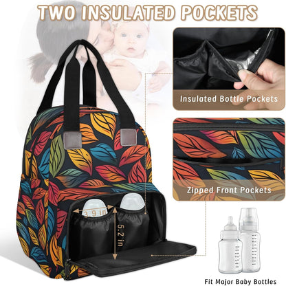 Colourful Leaves Diaper Bag Backpack for Travel, Waterproof Diaper Bag with Insulated Bottle Pockets & USB Port, Large Capacity Baby Bag for Moms & Dads