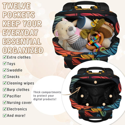 Colourful Leaves Diaper Bag Backpack for Travel, Waterproof Diaper Bag with Insulated Bottle Pockets & USB Port, Large Capacity Baby Bag for Moms & Dads
