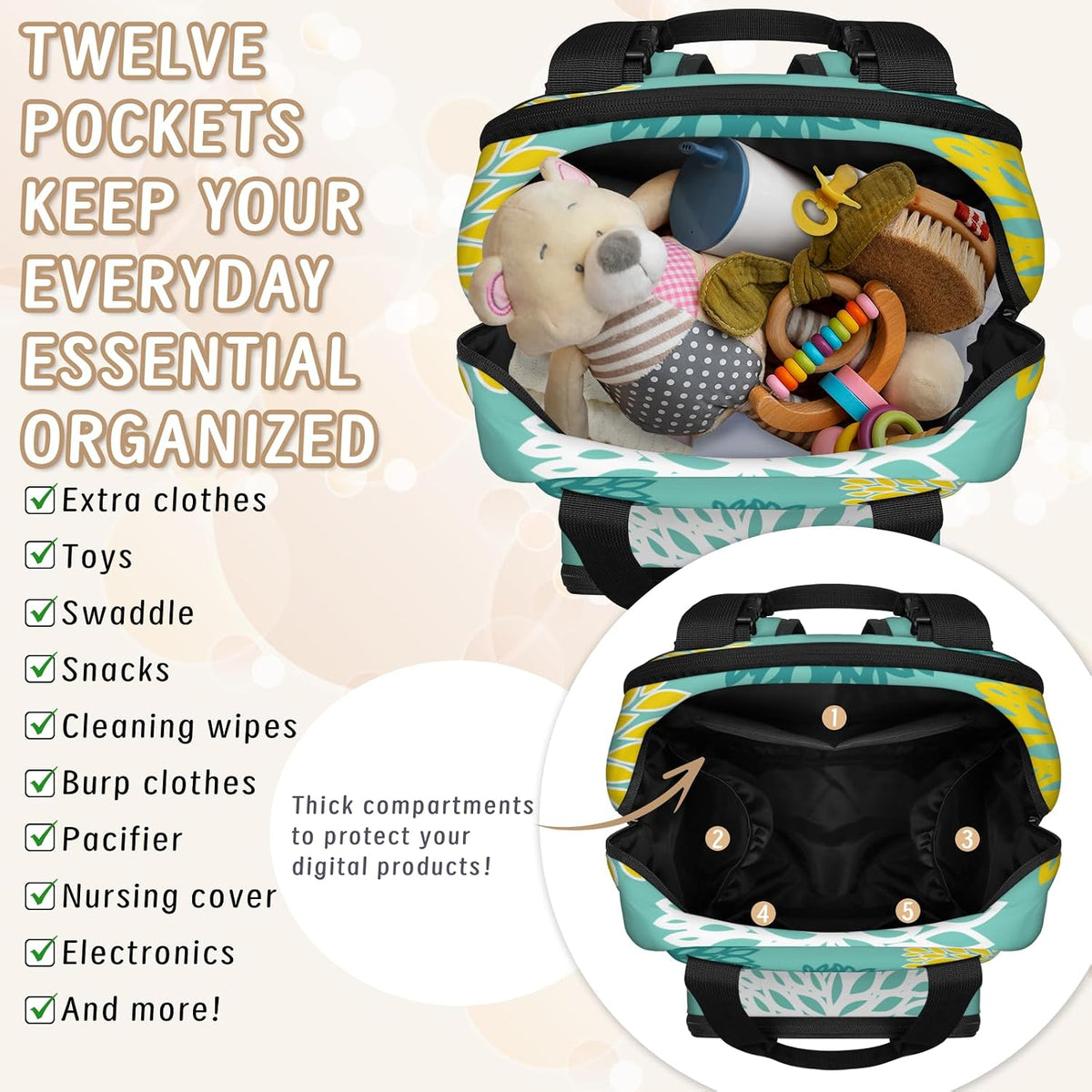 Colourful Leaves Diaper Bag Backpack for Travel, Waterproof Diaper Bag with Insulated Bottle Pockets & USB Port, Large Capacity Baby Bag for Moms & Dads