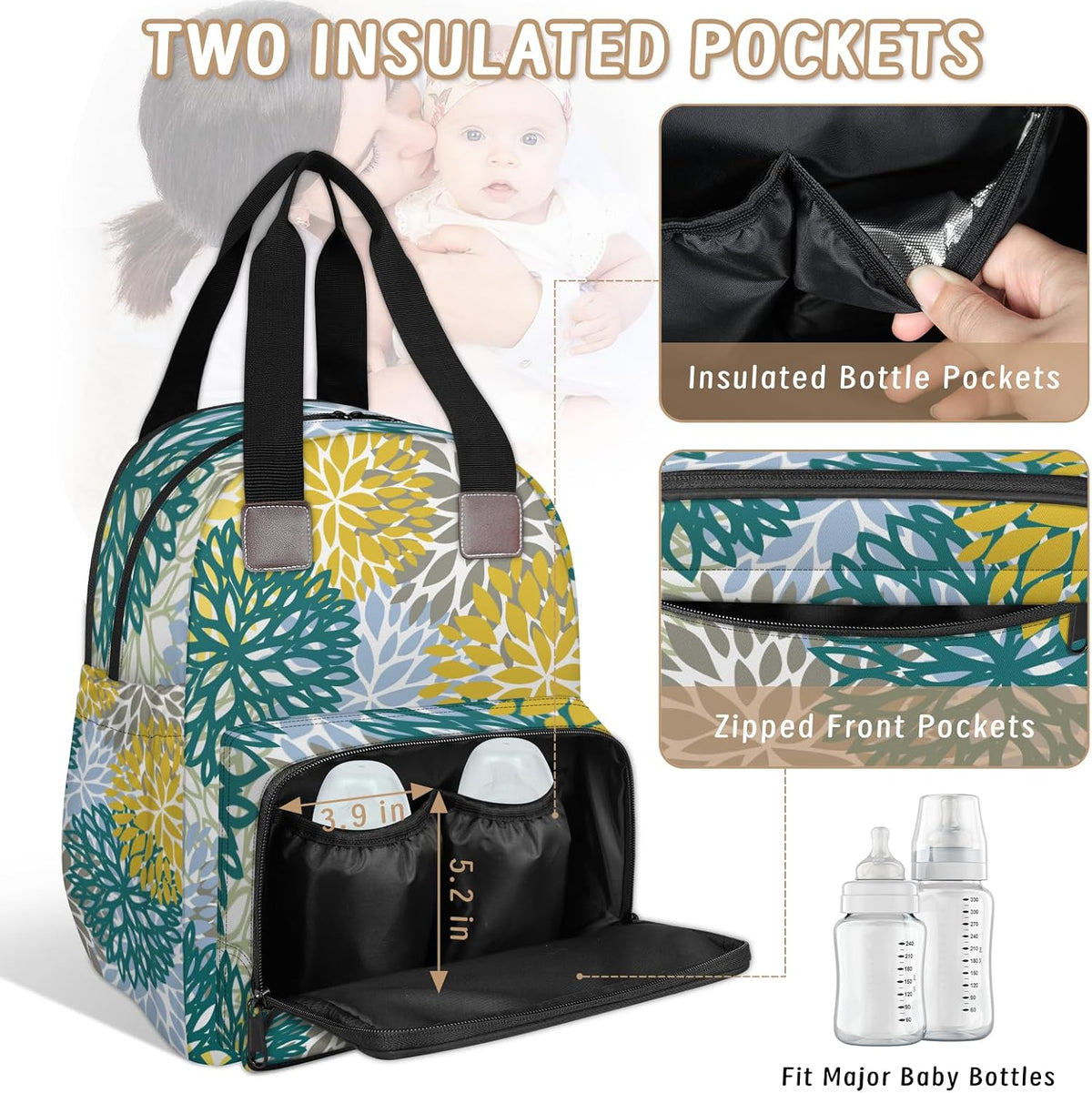 Colourful Leaves Diaper Bag Backpack for Travel, Waterproof Diaper Bag with Insulated Bottle Pockets & USB Port, Large Capacity Baby Bag for Moms & Dads