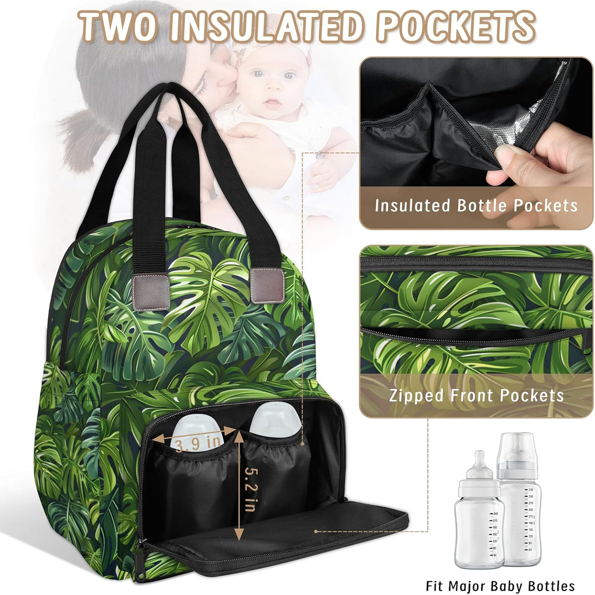 Colourful Leaves Diaper Bag Backpack for Travel, Waterproof Diaper Bag with Insulated Bottle Pockets & USB Port, Large Capacity Baby Bag for Moms & Dads