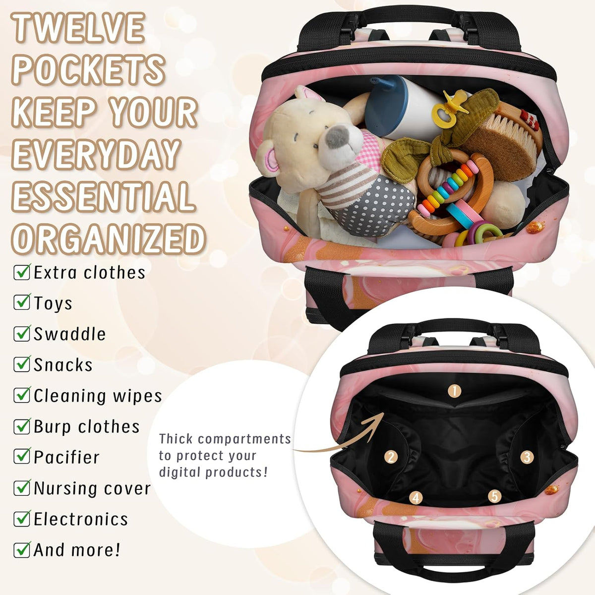 Colourful Leaves Diaper Bag Backpack for Travel, Waterproof Diaper Bag with Insulated Bottle Pockets & USB Port, Large Capacity Baby Bag for Moms & Dads