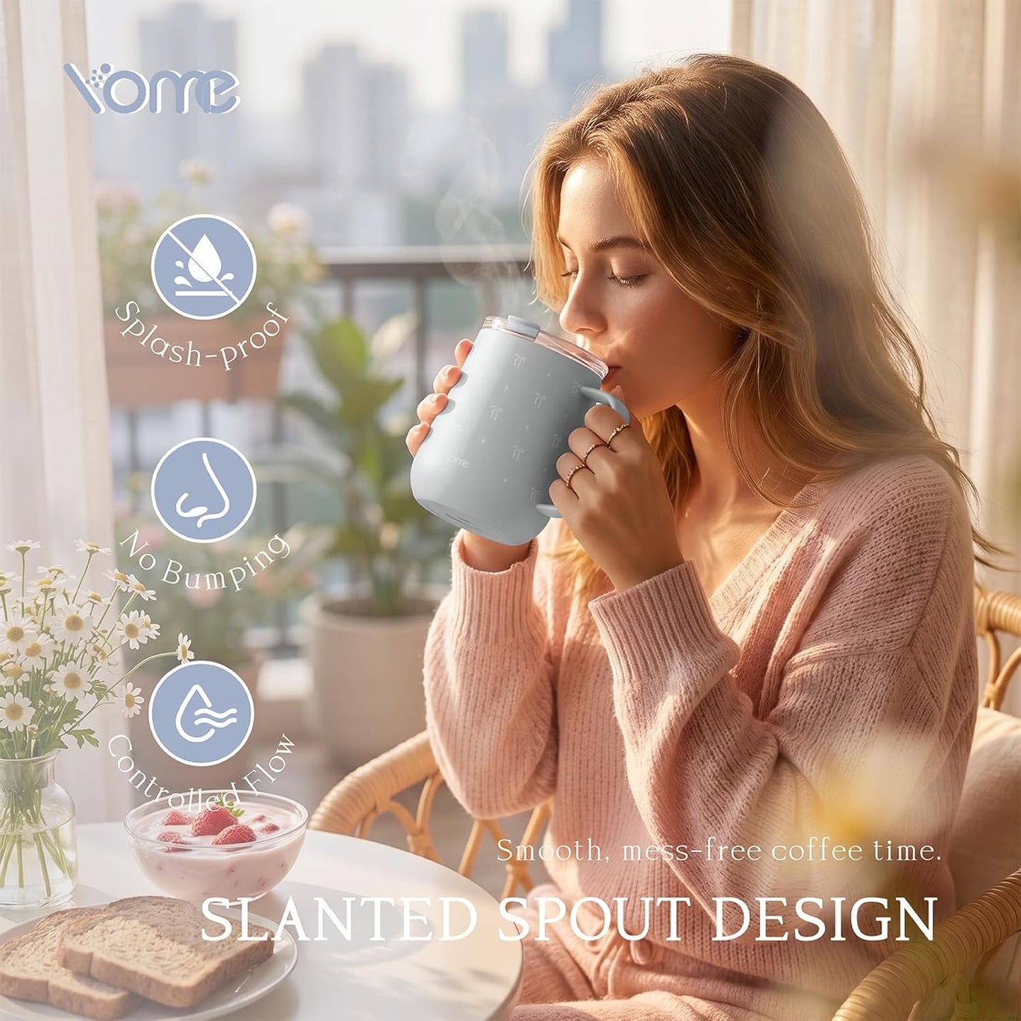 YOME 10oz Elegant Bow Pink Insulated Coffee Mug with Handle for Women | Ceramic Lined Coffee Mug with Splash-Resistant Lid| Pure Taste Stainless Steel Coffee Cup | Easy to Clean | Keeps Drinks Cold