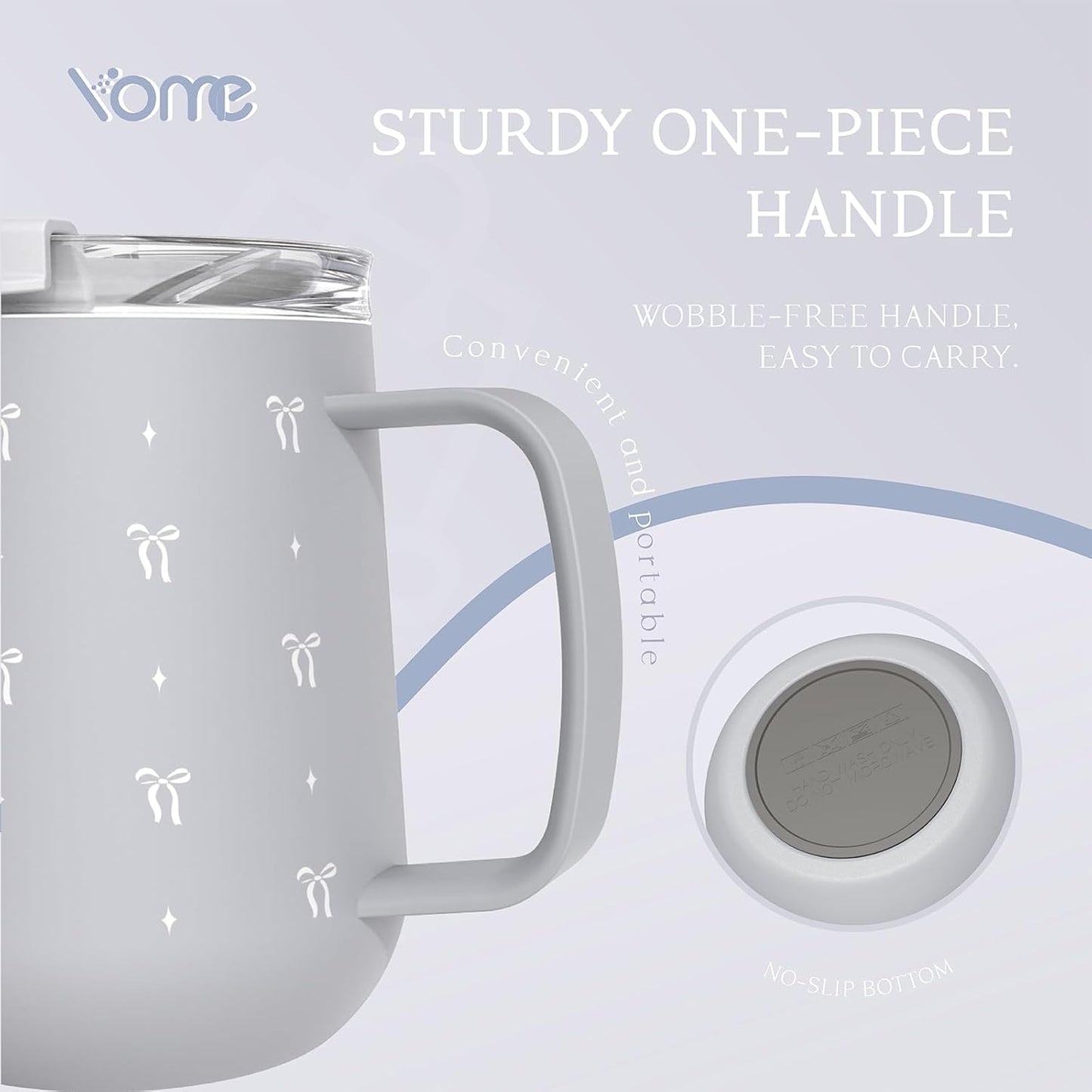 YOME 10oz Elegant Bow Pink Insulated Coffee Mug with Handle for Women | Ceramic Lined Coffee Mug with Splash-Resistant Lid| Pure Taste Stainless Steel Coffee Cup | Easy to Clean | Keeps Drinks Cold