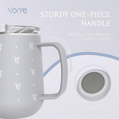 YOME 10oz Elegant Bow Pink Insulated Coffee Mug with Handle for Women | Ceramic Lined Coffee Mug with Splash-Resistant Lid| Pure Taste Stainless Steel Coffee Cup | Easy to Clean | Keeps Drinks Cold