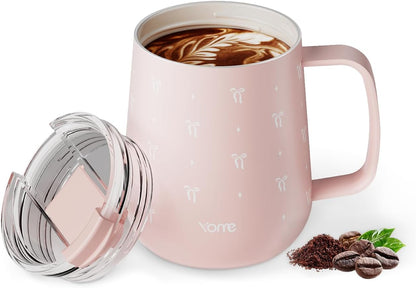 YOME 10oz Elegant Bow Pink Insulated Coffee Mug with Handle for Women | Ceramic Lined Coffee Mug with Splash-Resistant Lid| Pure Taste Stainless Steel Coffee Cup | Easy to Clean | Keeps Drinks Cold