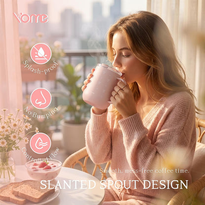 YOME 10oz Elegant Bow Pink Insulated Coffee Mug with Handle for Women | Ceramic Lined Coffee Mug with Splash-Resistant Lid| Pure Taste Stainless Steel Coffee Cup | Easy to Clean | Keeps Drinks Cold