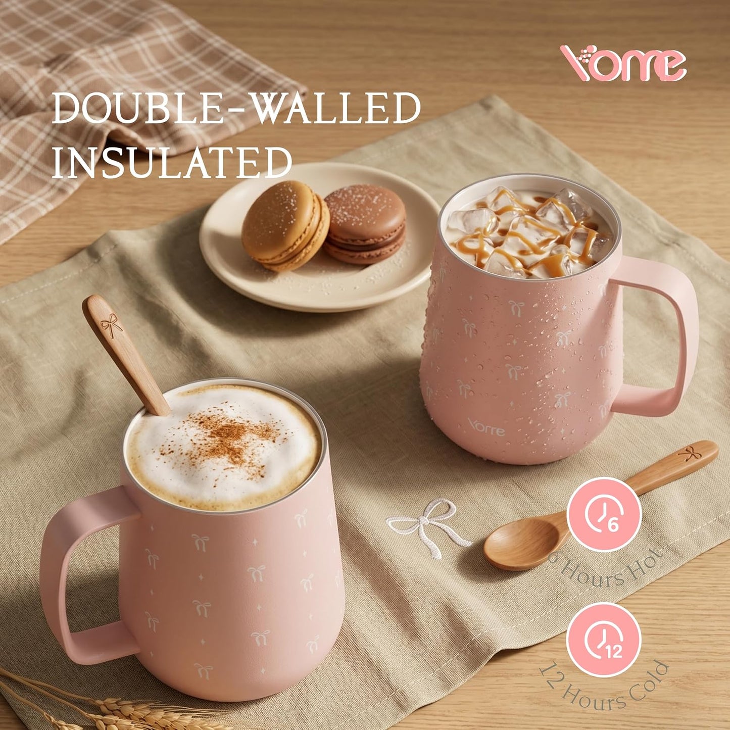 YOME 10oz Elegant Bow Pink Insulated Coffee Mug with Handle for Women | Ceramic Lined Coffee Mug with Splash-Resistant Lid| Pure Taste Stainless Steel Coffee Cup | Easy to Clean | Keeps Drinks Cold