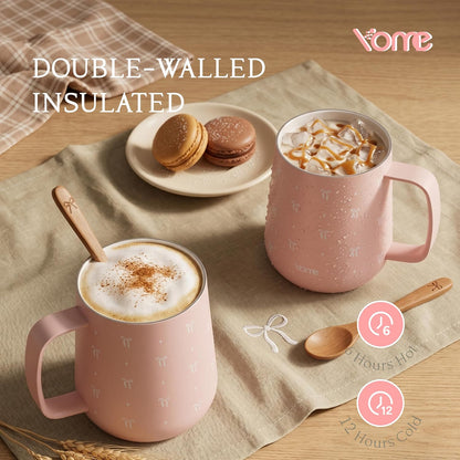 YOME 10oz Elegant Bow Pink Insulated Coffee Mug with Handle for Women | Ceramic Lined Coffee Mug with Splash-Resistant Lid| Pure Taste Stainless Steel Coffee Cup | Easy to Clean | Keeps Drinks Cold