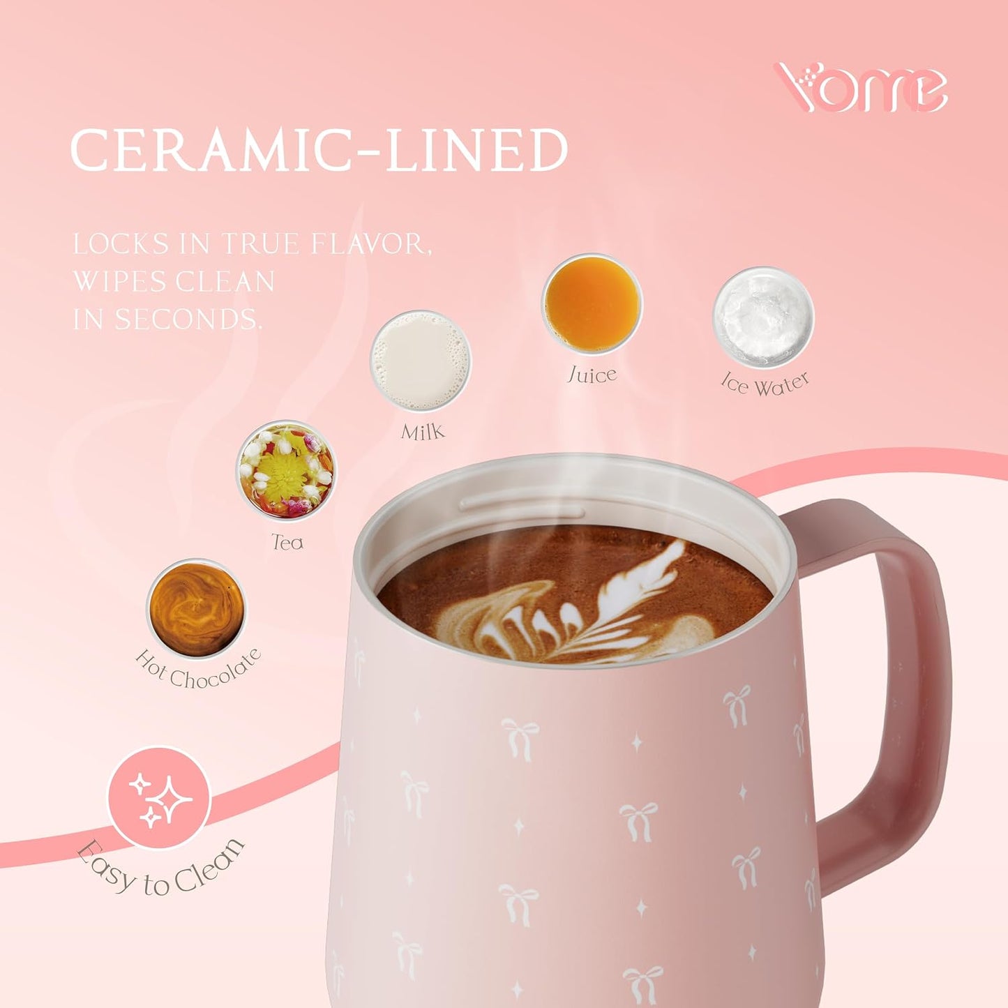 YOME 10oz Elegant Bow Pink Insulated Coffee Mug with Handle for Women | Ceramic Lined Coffee Mug with Splash-Resistant Lid| Pure Taste Stainless Steel Coffee Cup | Easy to Clean | Keeps Drinks Cold