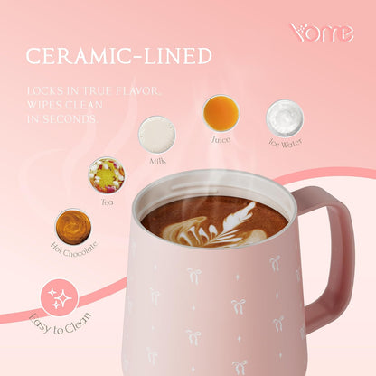 YOME 10oz Elegant Bow Pink Insulated Coffee Mug with Handle for Women | Ceramic Lined Coffee Mug with Splash-Resistant Lid| Pure Taste Stainless Steel Coffee Cup | Easy to Clean | Keeps Drinks Cold