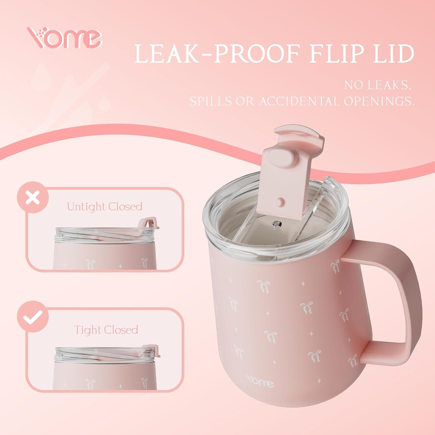 YOME 10oz Elegant Bow Pink Insulated Coffee Mug with Handle for Women | Ceramic Lined Coffee Mug with Splash-Resistant Lid| Pure Taste Stainless Steel Coffee Cup | Easy to Clean | Keeps Drinks Cold