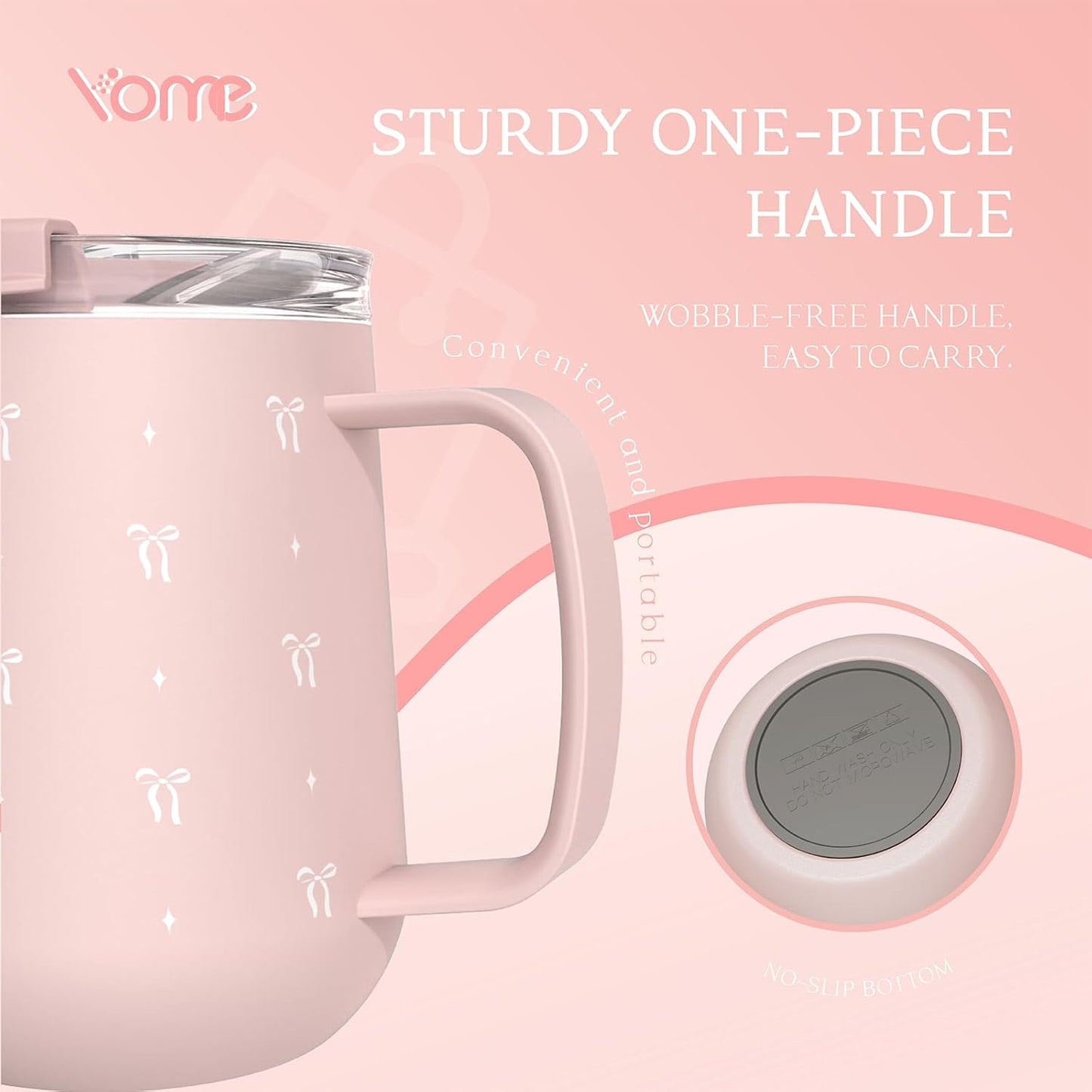 YOME 10oz Elegant Bow Pink Insulated Coffee Mug with Handle for Women | Ceramic Lined Coffee Mug with Splash-Resistant Lid| Pure Taste Stainless Steel Coffee Cup | Easy to Clean | Keeps Drinks Cold