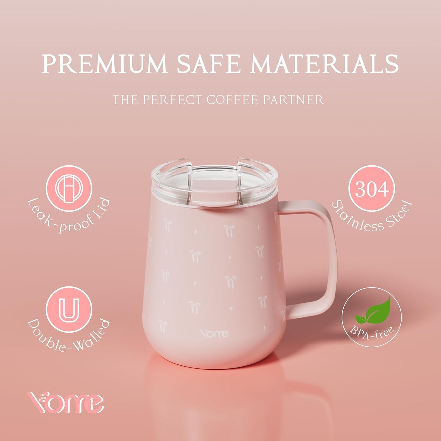 YOME 10oz Elegant Bow Pink Insulated Coffee Mug with Handle for Women | Ceramic Lined Coffee Mug with Splash-Resistant Lid| Pure Taste Stainless Steel Coffee Cup | Easy to Clean | Keeps Drinks Cold