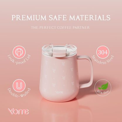 YOME 10oz Elegant Bow Pink Insulated Coffee Mug with Handle for Women | Ceramic Lined Coffee Mug with Splash-Resistant Lid| Pure Taste Stainless Steel Coffee Cup | Easy to Clean | Keeps Drinks Cold