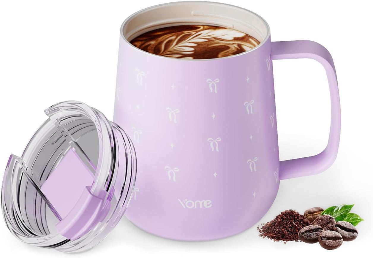 YOME 10oz Elegant Bow Pink Insulated Coffee Mug with Handle for Women | Ceramic Lined Coffee Mug with Splash-Resistant Lid| Pure Taste Stainless Steel Coffee Cup | Easy to Clean | Keeps Drinks Cold