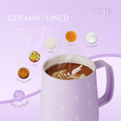 YOME 10oz Elegant Bow Pink Insulated Coffee Mug with Handle for Women | Ceramic Lined Coffee Mug with Splash-Resistant Lid| Pure Taste Stainless Steel Coffee Cup | Easy to Clean | Keeps Drinks Cold