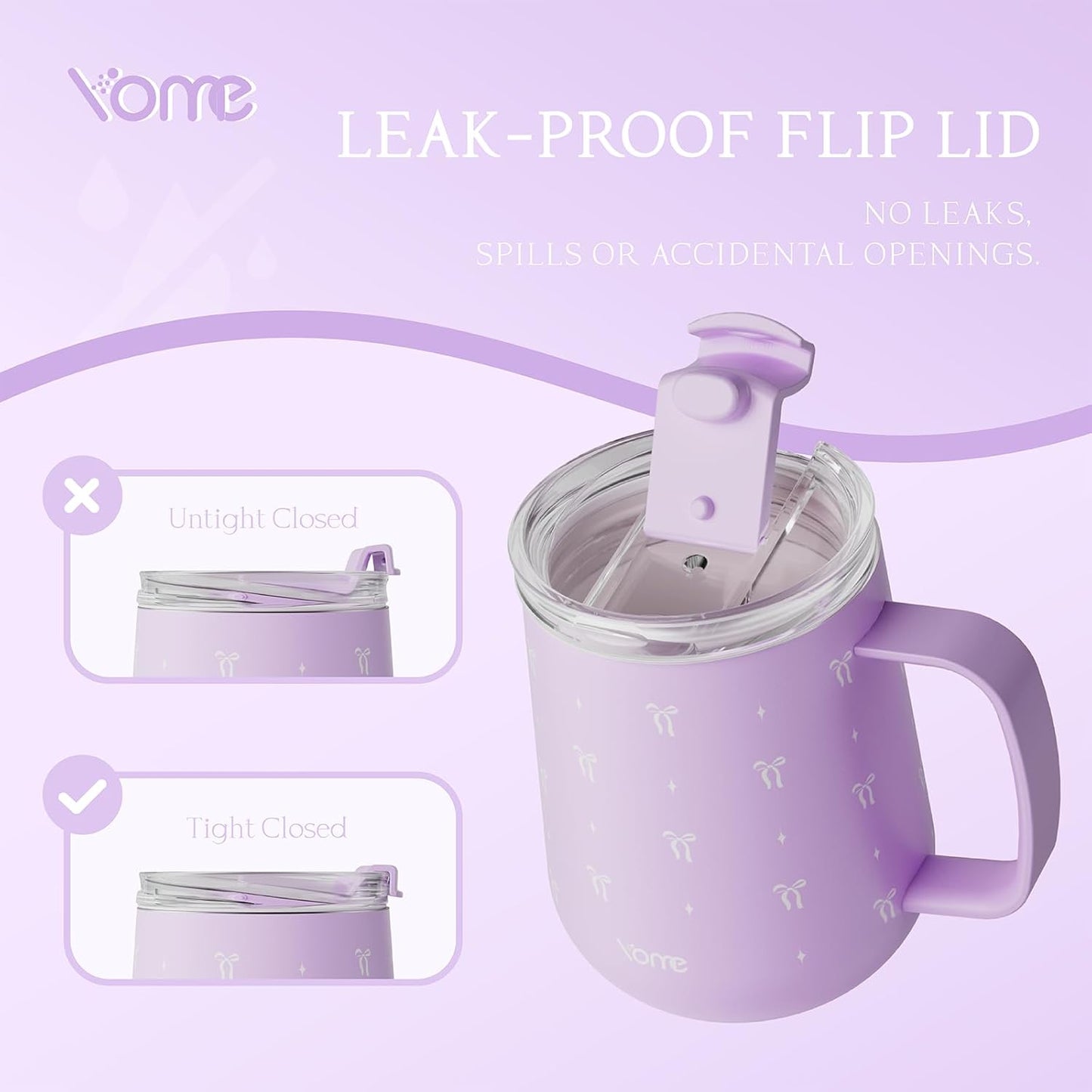 YOME 10oz Elegant Bow Pink Insulated Coffee Mug with Handle for Women | Ceramic Lined Coffee Mug with Splash-Resistant Lid| Pure Taste Stainless Steel Coffee Cup | Easy to Clean | Keeps Drinks Cold