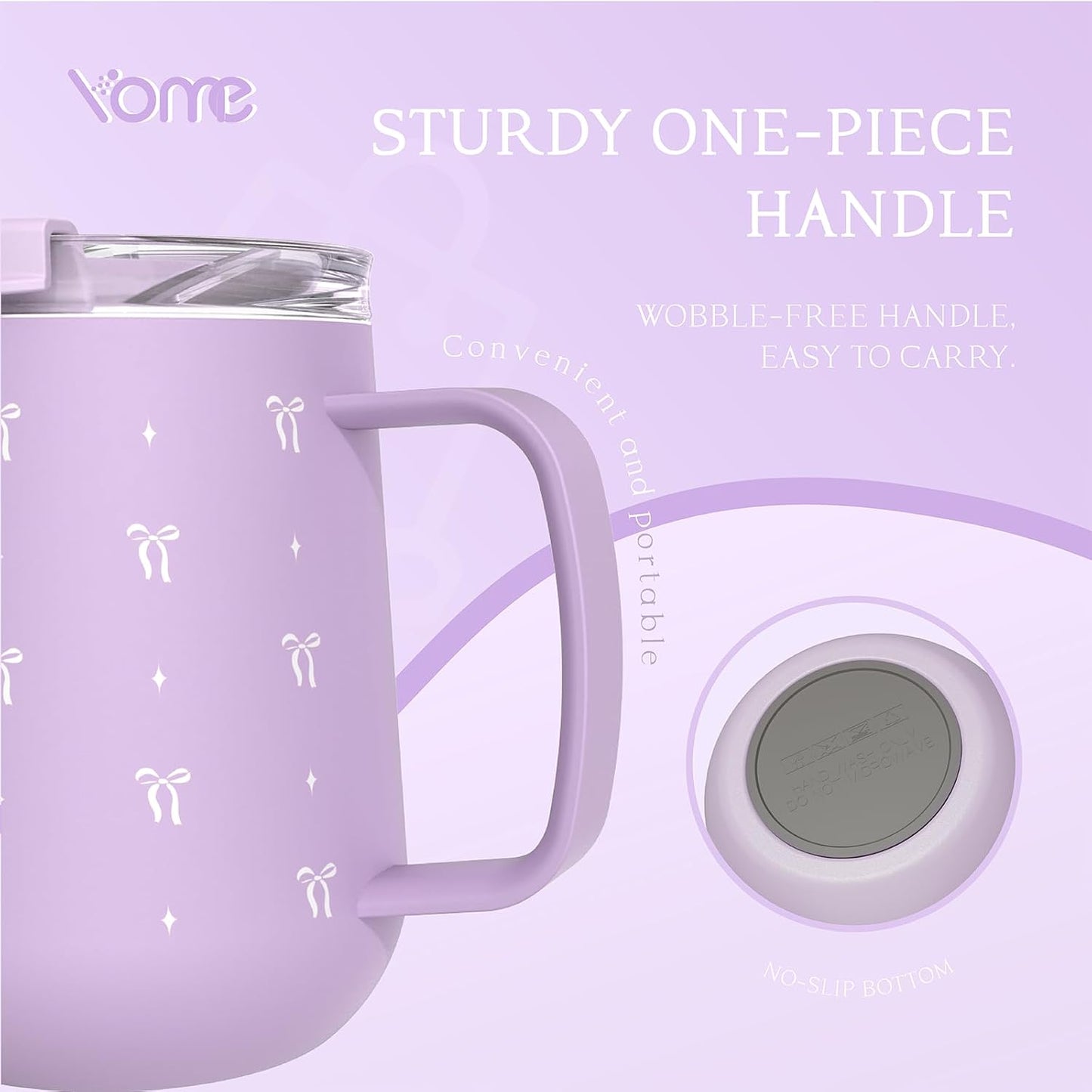YOME 10oz Elegant Bow Pink Insulated Coffee Mug with Handle for Women | Ceramic Lined Coffee Mug with Splash-Resistant Lid| Pure Taste Stainless Steel Coffee Cup | Easy to Clean | Keeps Drinks Cold