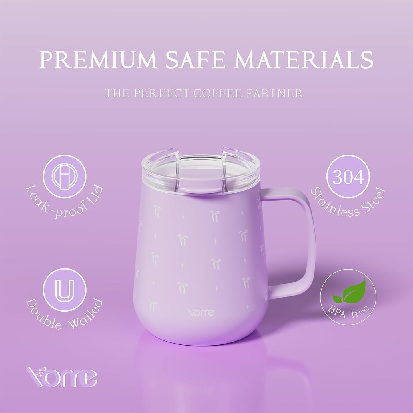 YOME 10oz Elegant Bow Pink Insulated Coffee Mug with Handle for Women | Ceramic Lined Coffee Mug with Splash-Resistant Lid| Pure Taste Stainless Steel Coffee Cup | Easy to Clean | Keeps Drinks Cold