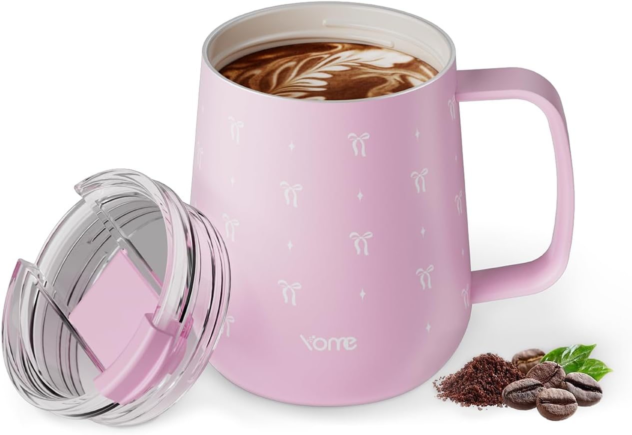 YOME 10oz Elegant Bow Pink Insulated Coffee Mug with Handle for Women | Ceramic Lined Coffee Mug with Splash-Resistant Lid| Pure Taste Stainless Steel Coffee Cup | Easy to Clean | Keeps Drinks Cold
